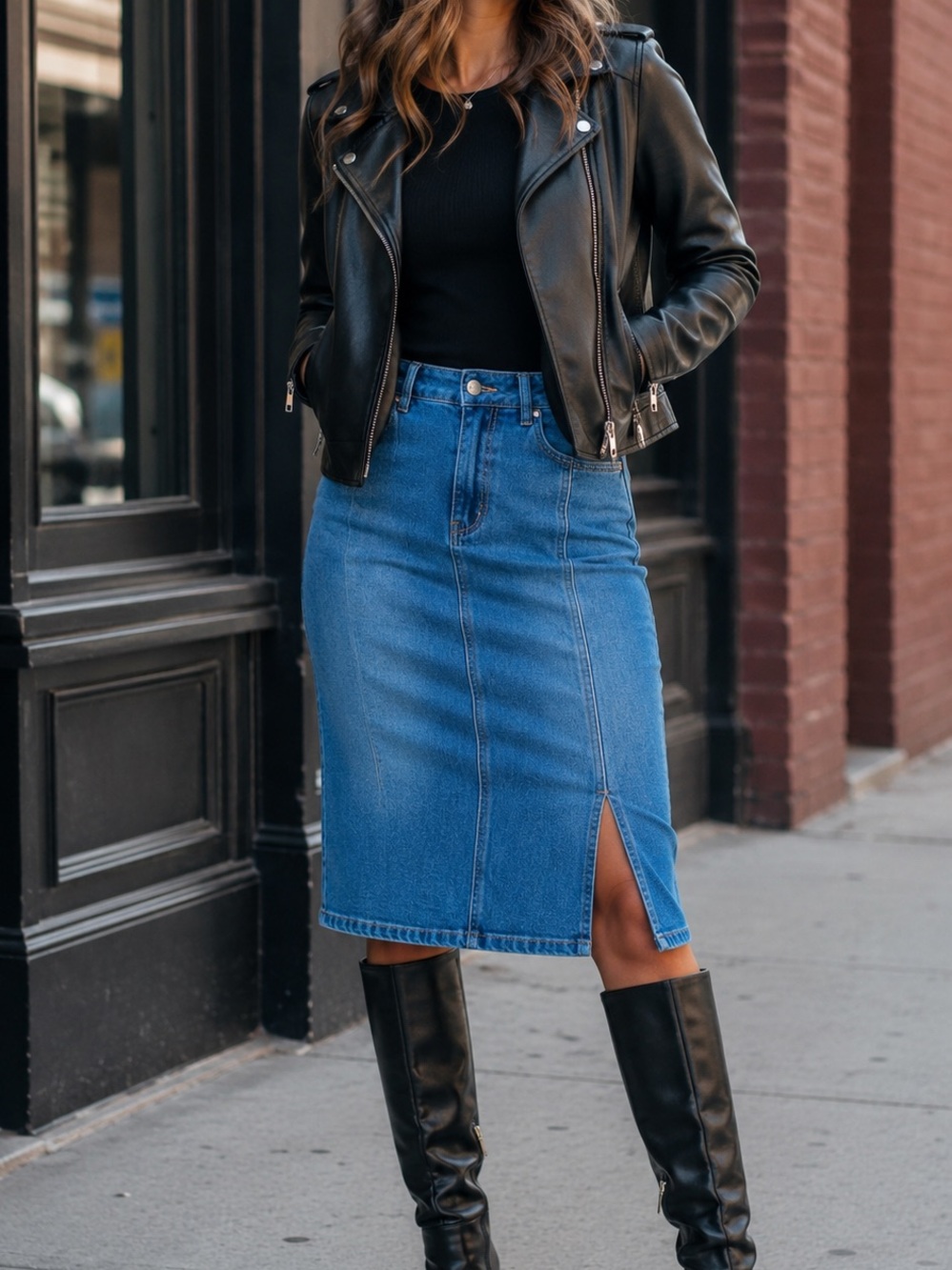Sz M Classic Blue Denim Midi Skirt with Front Slit